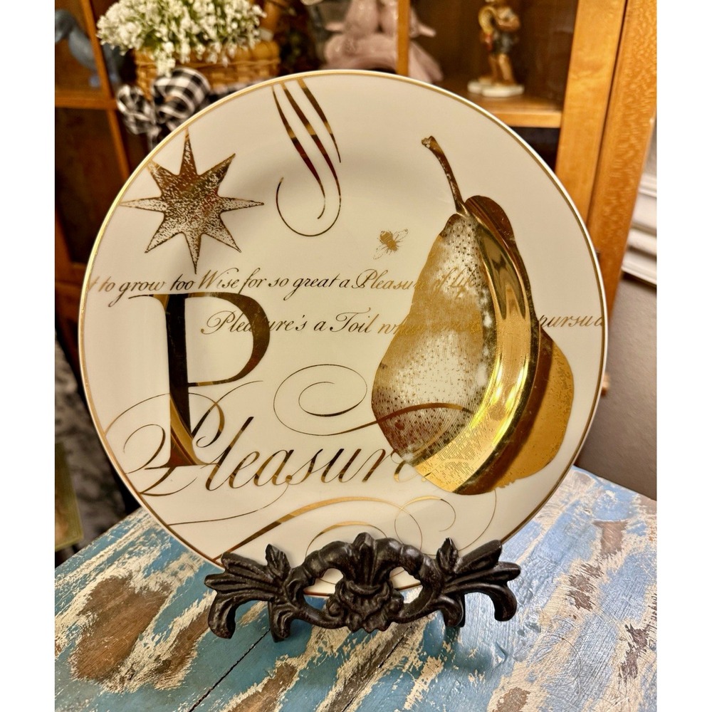 Pottery Barn Pleasure 8.5" Salad Plate Pear & Gold Script Text Design Monogram
